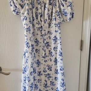 SHEIN White Dress with Blue Floral Accents